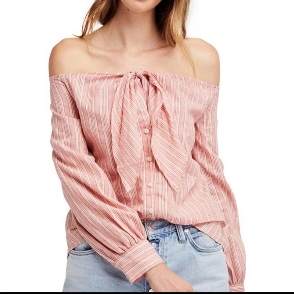FREE PEOPLE Hello There Beautiful Red Striped Linen Top Shirt Off Shoulder Small